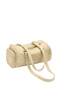 Beżowa torba podróżna z imitacji skóry o prostokątnym kształcie, z podwójnym zamkiem błyskawicznym oraz regulowanym paskiem na ramię z metalowymi, srebrnymi dodatkami.