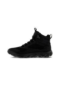 Scarpe da trekking nere alte con un mix di tessuti lisci e testurizzati, suola di gomma robusta con un motivo di battistrada profondo e sistema di lacci sicuro.