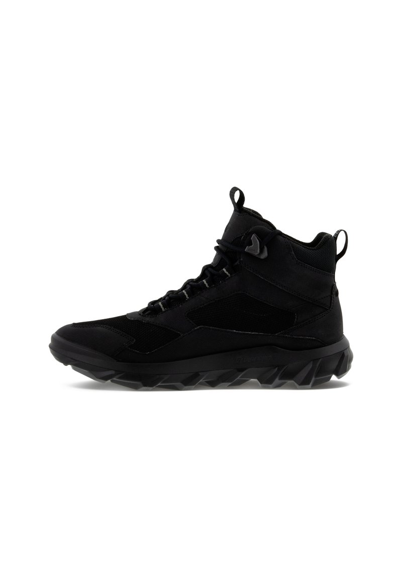 Scarpe da trekking nere alte con un mix di tessuti lisci e testurizzati, suola di gomma robusta con un motivo di battistrada profondo e sistema di lacci sicuro.