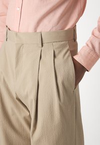 Beiga plisserade byxor i en texturerad tyg, med flat front och sidofickor, koppade med en ljusrosa långärmad skjorta.