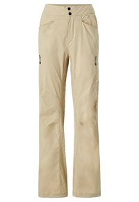 Beige outdoorbroek van lichte stof met een rechte snit, voorzien van ritszakken en een knoopsluiting.