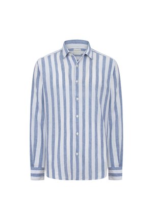 Koszula z długim rękawem zapinana na guziki, z pionowymi niebiesko-białymi paskami i kołnierzykiem.