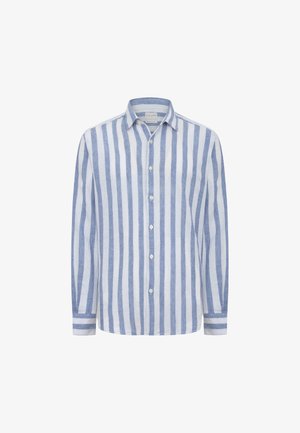 Camisa de manga larga con botones, rayas verticales azules y blancas, y cuello con solapa.
