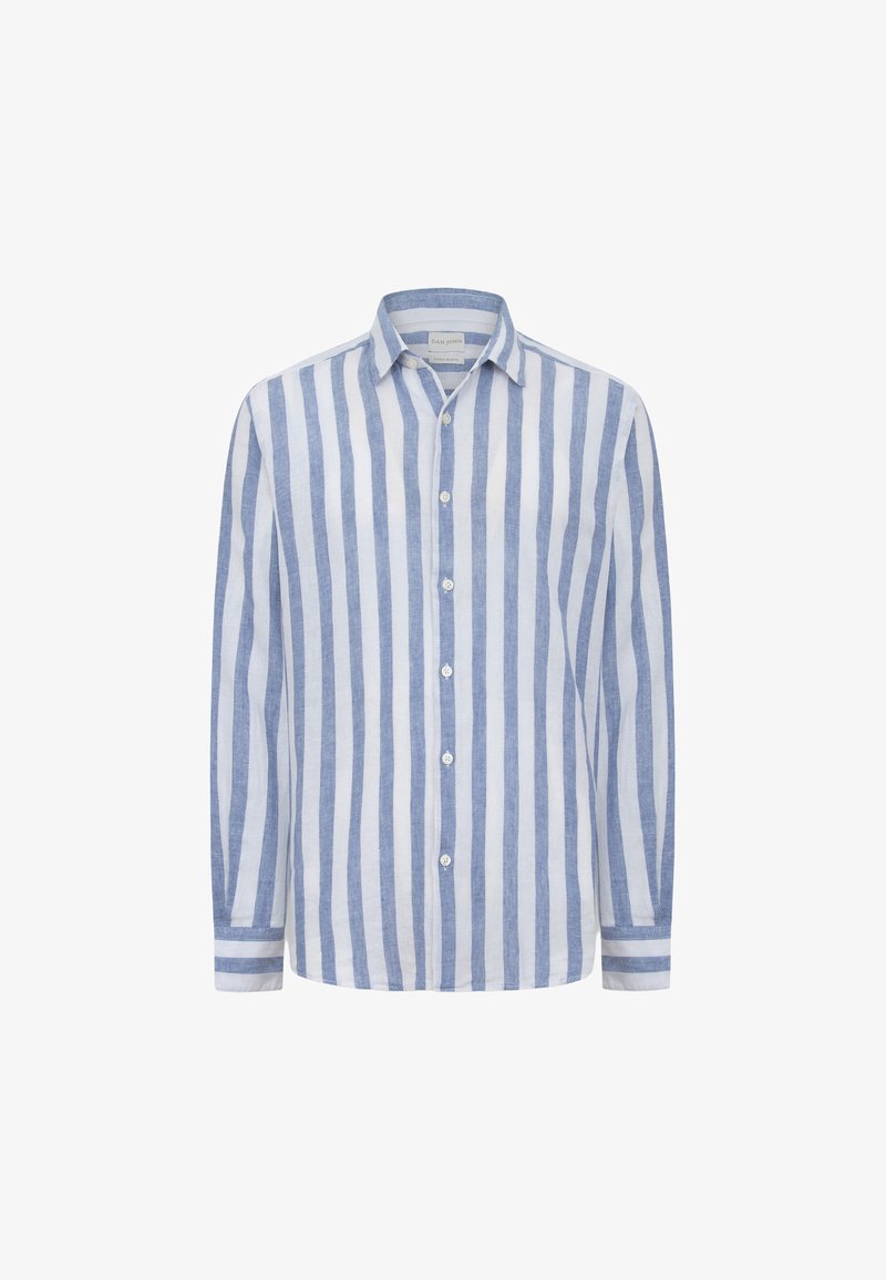 Langärmliges Hemd mit Knöpfen, vertikalen blauen und weißen Streifen und einem Kragen.