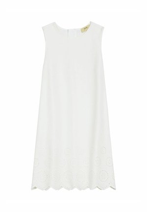 Biała sukienka bez rękawów z okrągłym dekoltem, falbaniastym dołem oraz okrągłym haftem ażurowym wzdłuż dolnej krawędzi.