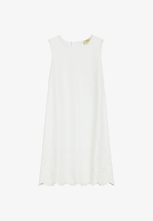 Biała sukienka bez rękawów z okrągłym dekoltem, falbaniastym dołem oraz okrągłym haftem ażurowym wzdłuż dolnej krawędzi.
