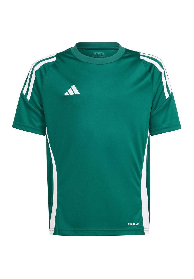 Camisa atlética verde con acentos blancos, de manga corta, cuello redondo y un logo. Hecha de tejido suave, diseñada para ropa deportiva.