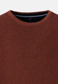 Maglione marrone lavorato a maglia con un motivo testurizzato, collo rotondo e colletto interno blu navy a contrasto. Presenta polsini e orlo a costine.