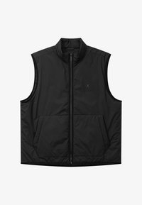 Chaleco acolchado sin mangas negro con cremallera frontal y dos grandes bolsillos delanteros, con un pequeño logo sutil bordado en el pecho.