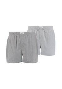 Boxers en coton gris, dont l'un présente un motif de rayures verticales, une taille élastique et un détail de bouton à l'avant. Lot de deux inclus.