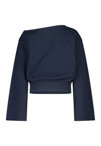 Top a maniche lunghe corto blu navy con scollo rotondo ampio e vita aderente, mostrato di schiena su sfondo bianco.