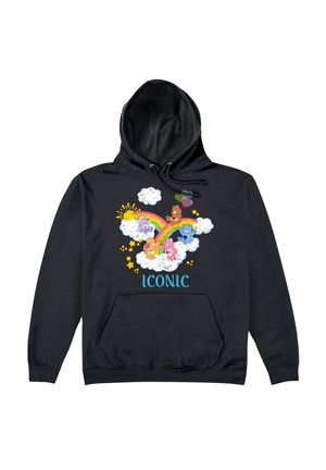 Czarna bluza z kapturem z kolorową grafiką przedstawiającą chmury, tęczę, postacie misiów oraz słowo "IKONICZNY" w turkusowym kolorze.