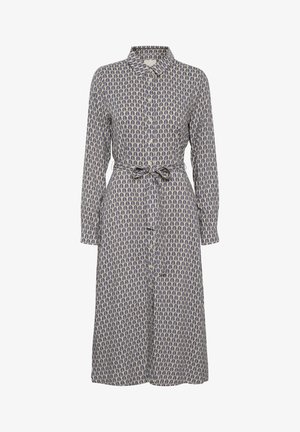 Rochie cu mâneci lungi, cu nasturi, de culoare crem, cu un model de frunze navy, cu talie accentuată printr-un brâu și guler, fabricată dintr-un material ușor.