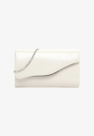 Pochette bianca lucida con tracolla a catena argento e chiusura a patella curva.
