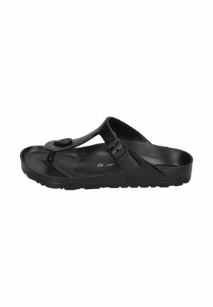 Schwarze Zehentrenner-Sandalen aus strapazierfähigem Material. Mit einem runden Zehensteg, verstellbarem Riemen und strukturiertem Sohlenprofil für Halt und Komfort.