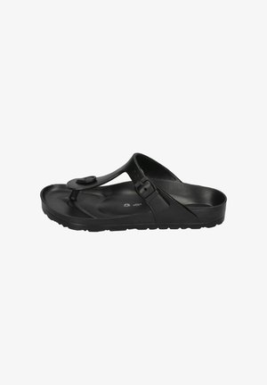Black thong sandals made of durable material. Features a rounded toe post, adjustable strap, and textured sole for grip and comfort.