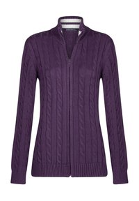 Lila gestrickte Strickjacke mit Kabelmuster, durchgehendem Reißverschluss und geripptem Saum. Verfügt über einen gestreiften Kragen innen. Lange Ärmel.