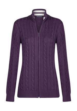 Cardigan en tricot violet avec motif en relief, fermeture éclair intégrale et ourlet côtelé. Doté d'un col rayé à l'intérieur. Manches longues.