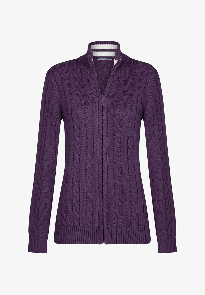 Lila gestrickte Strickjacke mit Kabelmuster, durchgehendem Reißverschluss und geripptem Saum. Verfügt über einen gestreiften Kragen innen. Lange Ärmel.