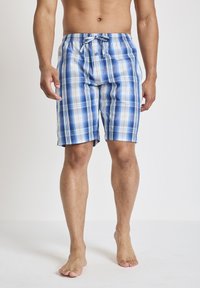 Rutig badshorts i blå, vit och orange färg, elastisk midja med dragsko och sidofickor. Slät tygkvalitet.