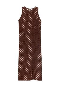 Brown sleeveless dress with white polka dots, featuring a round neckline and a straight silhouette. Smooth fabric with a simple design.