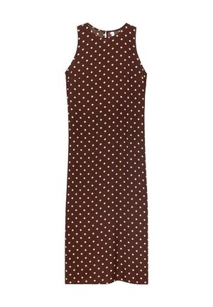 Abito marrone senza maniche con pois bianchi, caratterizzato da un collo rotondo e una silhouette dritta. Tessuto liscio con un design semplice.