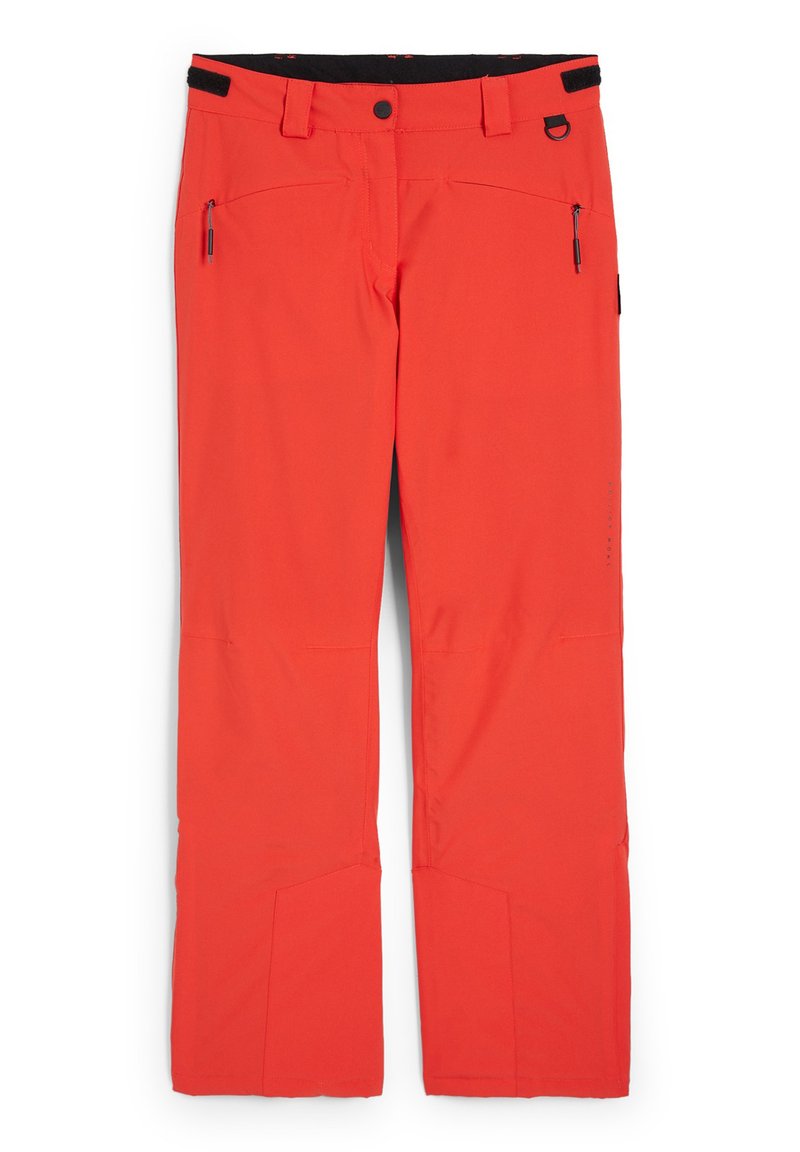 Leuchtend orangefarbene Skihosen aus strapazierfähigem Material, mit zwei seitlichen Reißverschlusstaschen, einem Knopfverschluss und einem atmungsaktiven Bund.