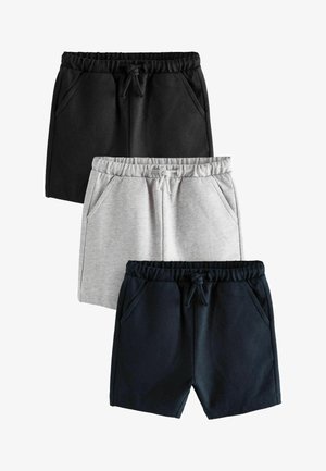 Drei Paar kurze Sweatpants in Schwarz, Grau und Marineblau. Jede hat einen elastischen Bund, eine Kordel und Seitentaschen. Aus weichem Fleece-Material.