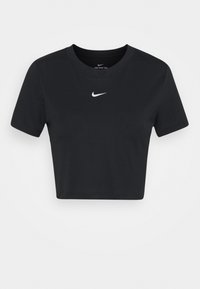 Svart kortärmad t-shirt i bomullsmaterial, med rund halsringning och korta ärmar. En vit Nike-logotyp är centrerad på bröstet.