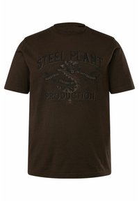 Brun bomulds t-shirt med korte ærmer, rund hals og et struktureret grafisk print i sort med teksten "STEEL PLANT" og detaljer om Pittsburgh.