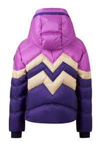 Puffy jacket in purple, pink, and beige with chevron pattern. Features a hood and elastic cuffs. Smooth, shiny exterior fabric.