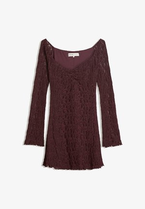Burgundy lace dress with a fitted bodice, scoop neckline, and long flared sleeves. Delicate floral pattern with a soft, textured finish.