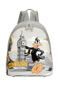 Zaino in similpelle grigia con stampa in rilievo di Daffy Duck, illustrazione del Big Ben e scritta "I ❤️ LONDON" in giallo con strass.