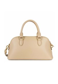 Borsa beige realizzata in pelle a grana naturale, con doppi manici superiori, una tracolla removibile e accenti in metallo dorato.