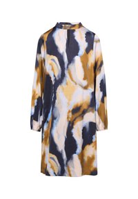Langärmliges Kleid mit einem Batikmuster in Navy, Gold und Hellblau, mit einem hohen Kragen und dezenten Reißverschlussdetails im Rücken.
