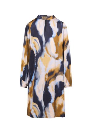 Abito a maniche lunghe con motivo tie-dye in tonalità di blu navy, oro e azzurro chiaro, dotato di un colletto alto e di una discreta cerniera sul retro.