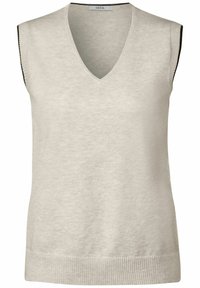 Helles graues ärmelloses Strickweste mit tiefem V-Ausschnitt, geripptem Saum und kontrastierendem dunklem Besatz entlang der Armausschnitte. Weiche Textur.