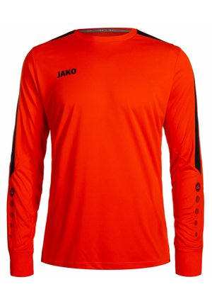Felle oranje langsleevenshirt van een gladde stof, met zwarte accenten op de mouwen en knoopdetails nabij de manchetten. Logo op de borst.