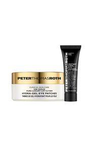 Tarro de parches para ojos Hydra-Gel de oro de 24K en blanco con tapa dorada, junto a un tubo negro etiquetado como Instant Firm Eye Tightener, ambos de Peter Thomas Roth.