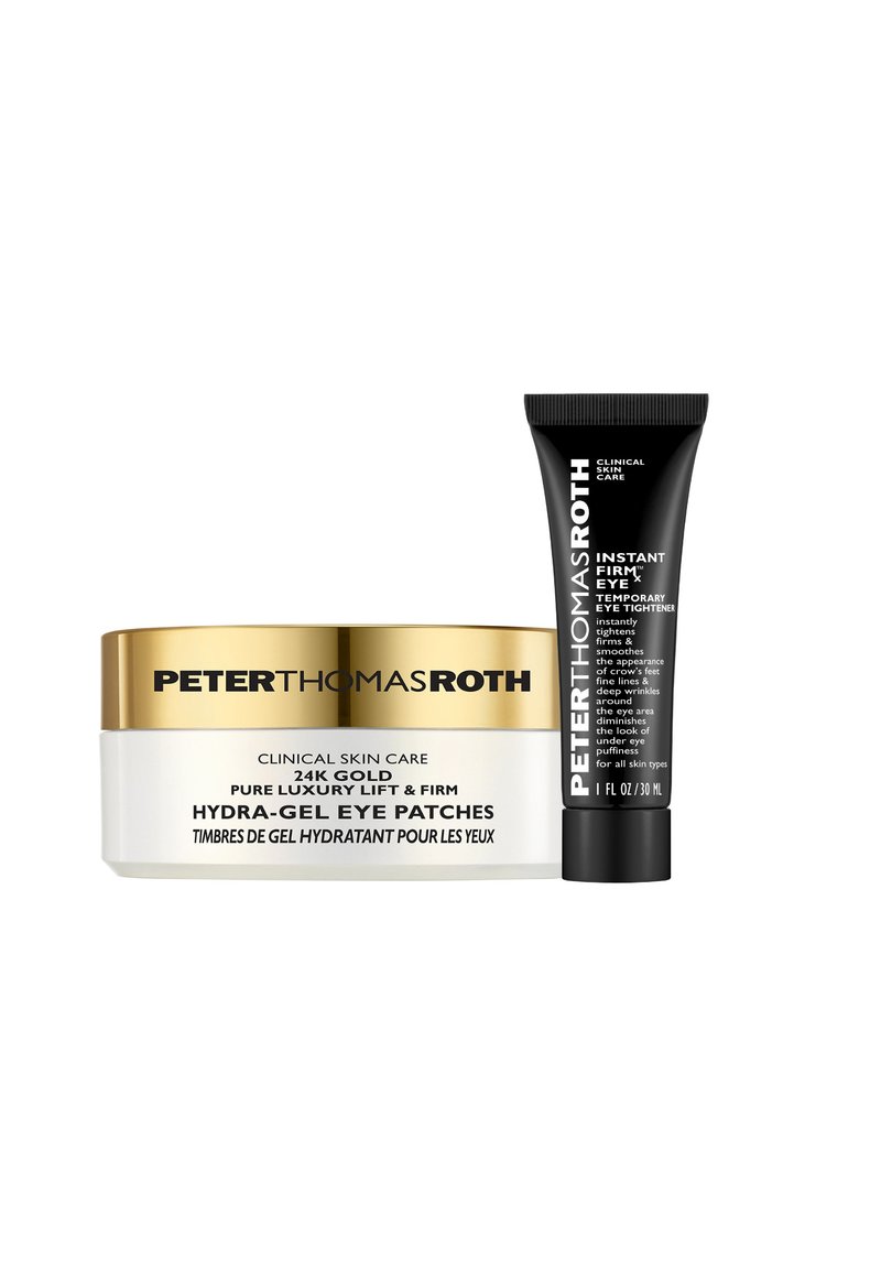Tarro de parches para ojos Hydra-Gel de oro de 24K en blanco con tapa dorada, junto a un tubo negro etiquetado como Instant Firm Eye Tightener, ambos de Peter Thomas Roth.