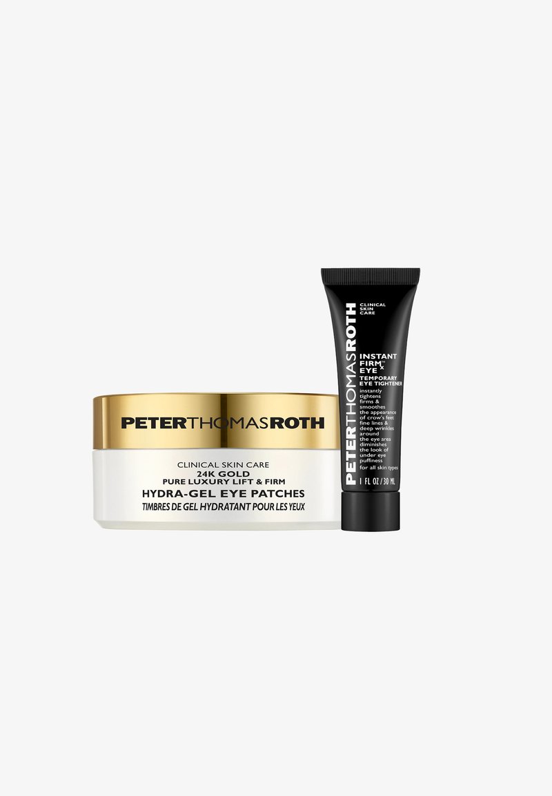 Tarro de parches para ojos Hydra-Gel de oro de 24K en blanco con tapa dorada, junto a un tubo negro etiquetado como Instant Firm Eye Tightener, ambos de Peter Thomas Roth.