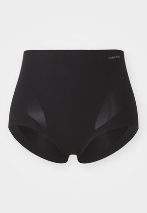 Black high-waisted underwear made of a smooth fabric, featuring subtle side cutouts and a Calvin Klein logo in light blue at the waistband.