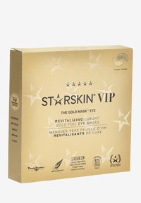 Gullemballasje viser "STARSKIN VIP"-etikett og produktinformasjon. Har pregete stjerner og logoer; inneholder fem par gullfolie øyemasker.