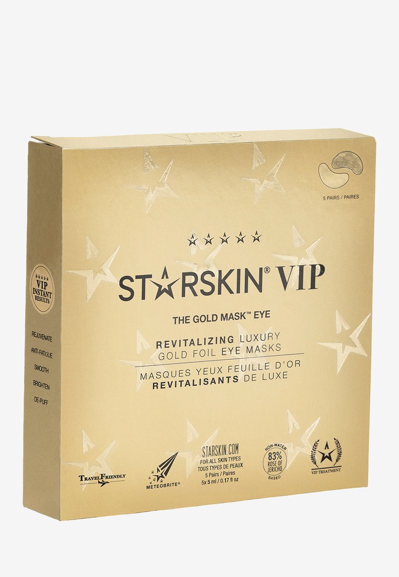 Guldförpackningen visar "STARSKIN VIP"-etiketten och produktinformation. Har relieferade stjärnor och logotyper; rymmer fem par ögonmasker i guldfolie.