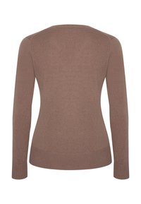 Maglione marrone attillato a maniche lunghe con polsini e orlo a coste, visto da dietro su uno sfondo bianco.