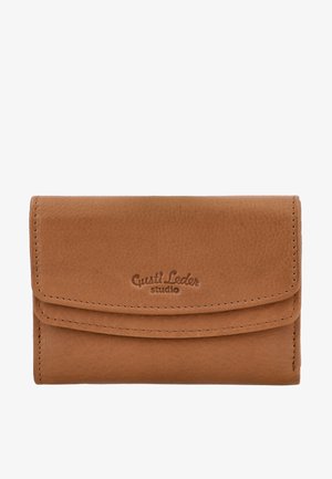 Brown leather wallet with stitched edges and "Gusti Leder studio" embossed on front flap.