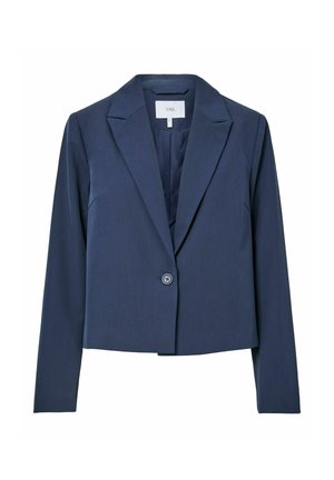 Mørkeblå cropped blazer laget av teksturert stoff, med notched lapel, enkel knappelukking og lange ermer.