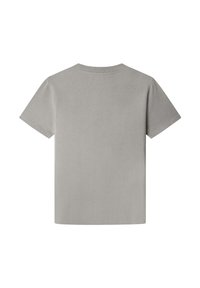 Grå bomulds t-shirt med korte ærmer, en rund halsudskæring og en glat tekstur, uden mønstre eller synlige logoer på bagsiden.
