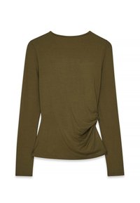 Garšām piedurknēm krekls olīvzaļā audumā, raksturo savilktā akcentācija jostasvietā, noapaļots apkakles dizains un gluda tekstūra.