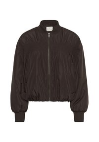 Veste bomber marron foncé avec fermeture éclair, poignets élastiques, taille élastique et détail froncé sur la poitrine et le haut des bras.